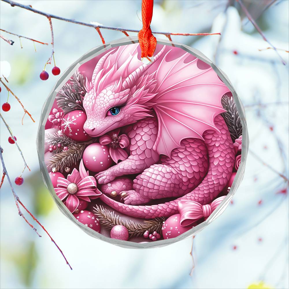 Dragon Pink Christmas Design 3 Glass Ornament