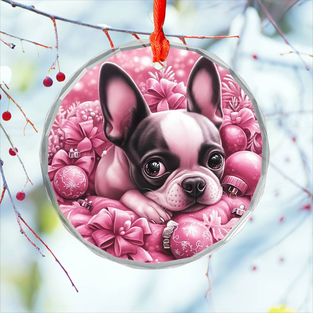 Boston Terrier Dog Pink Christmas Design 2 Glass Ornament