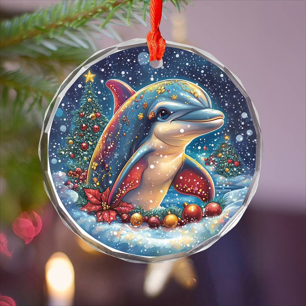 Beautiful Angus Dolphin Christmas Night Design 2 Glass Ornament