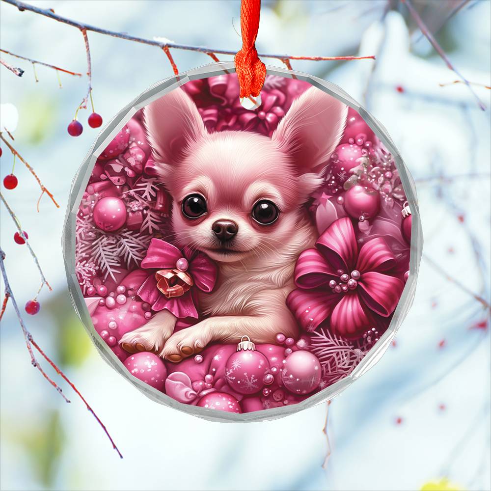 Chihuahua Dog Pink Christmas Design 4 Glass Ornament