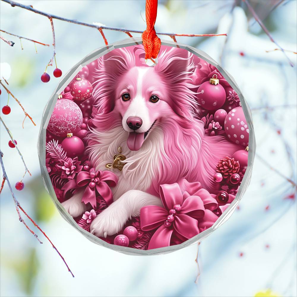 Collie Dog Pink Christmas Design 1 Glass Ornament