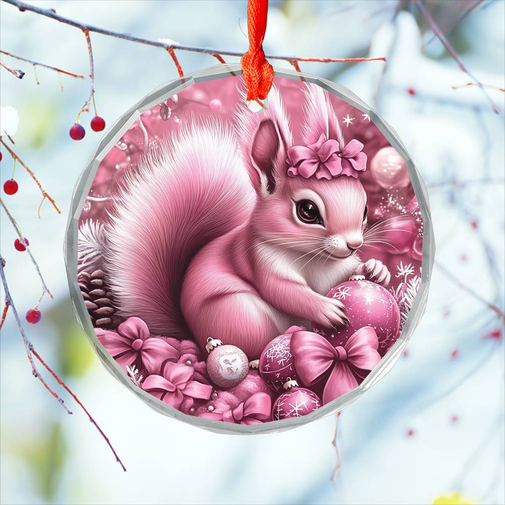 Squirrel Pink Christmas Design 1 Glass Ornament
