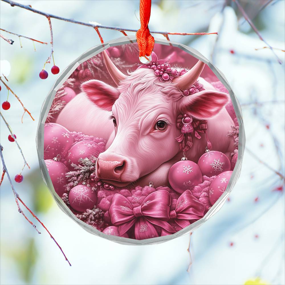 Hereford Cow Pink Christmas Design 1 Glass Ornament