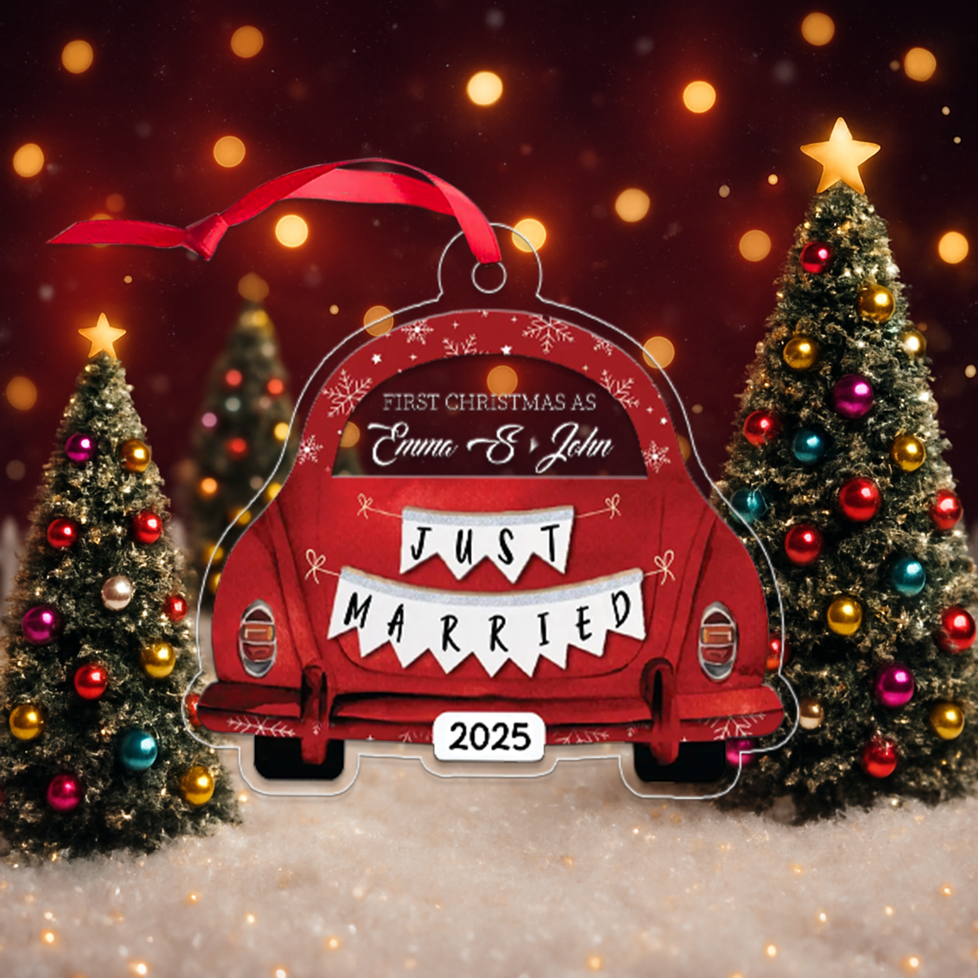 Custom Name Couple Just Merried Xmas Car