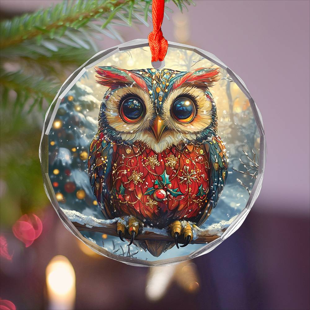 Beautiful Owl Christmas Night Design 1 Glass Ornament