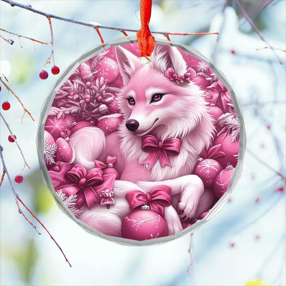 Wolf Pink Christmas Design 4 Glass Ornament