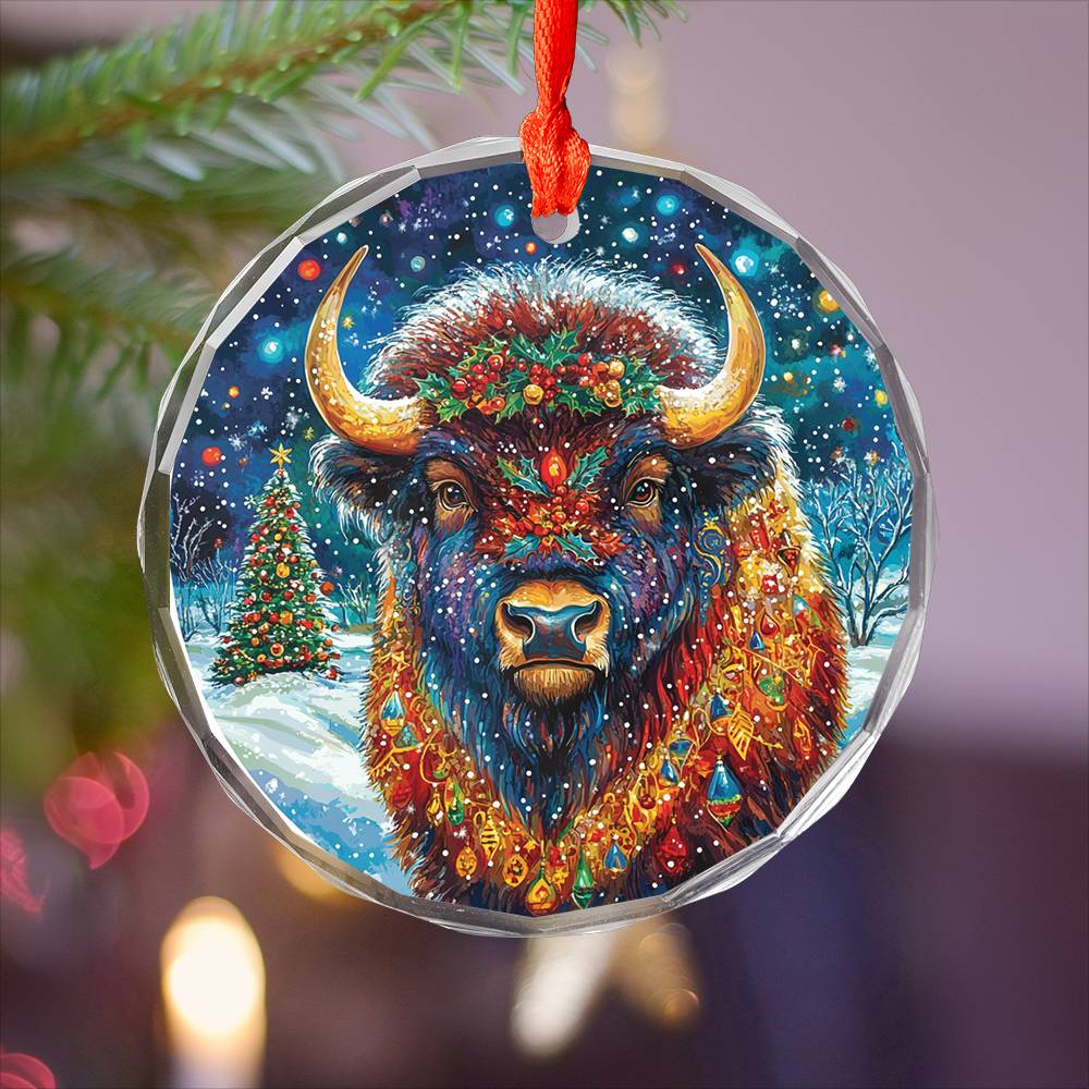Beautiful Bison Christmas Night Design 1 Glass Ornament