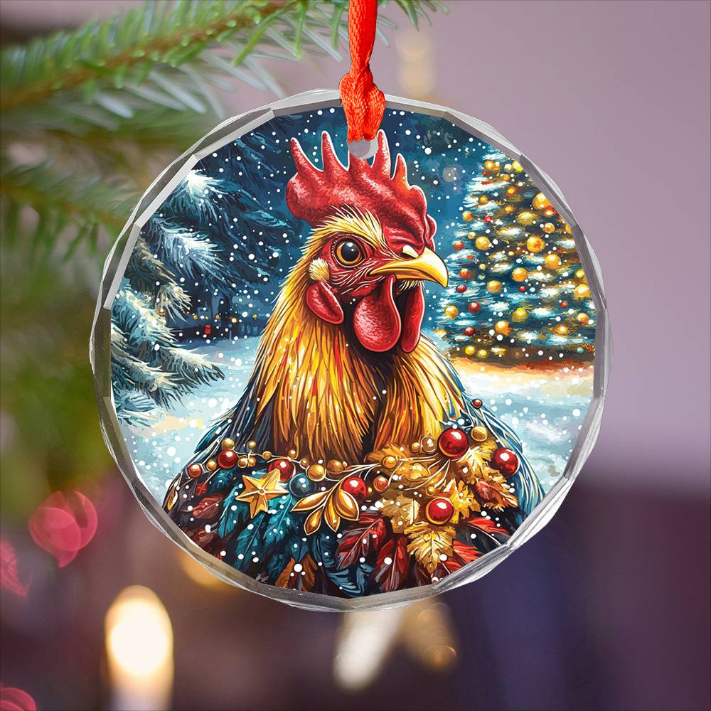 Beautiful Rooster Christmas Night Design 4 Glass Ornament