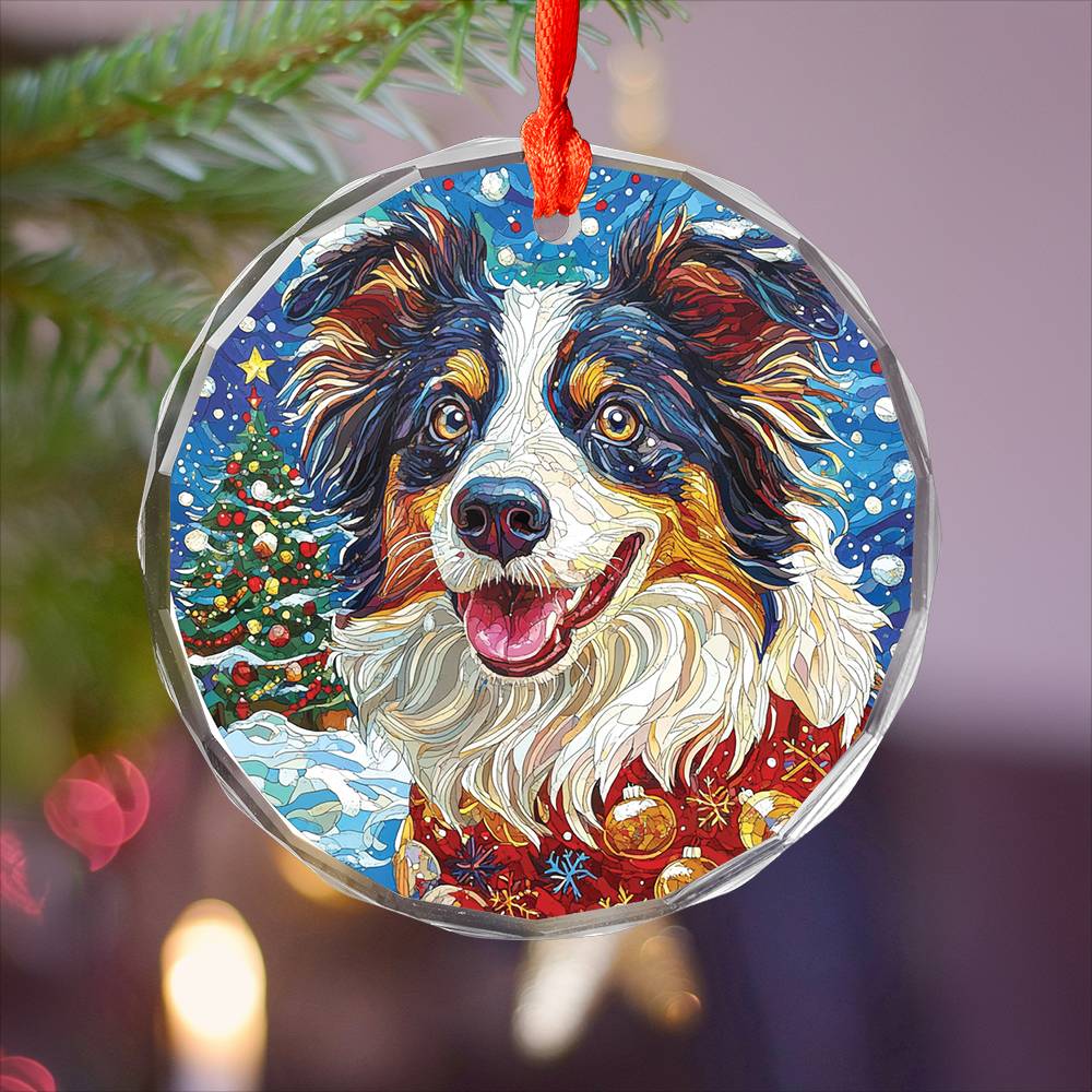 Beautiful Border Collie Dog Christmas Night Design 3 Glass Ornament