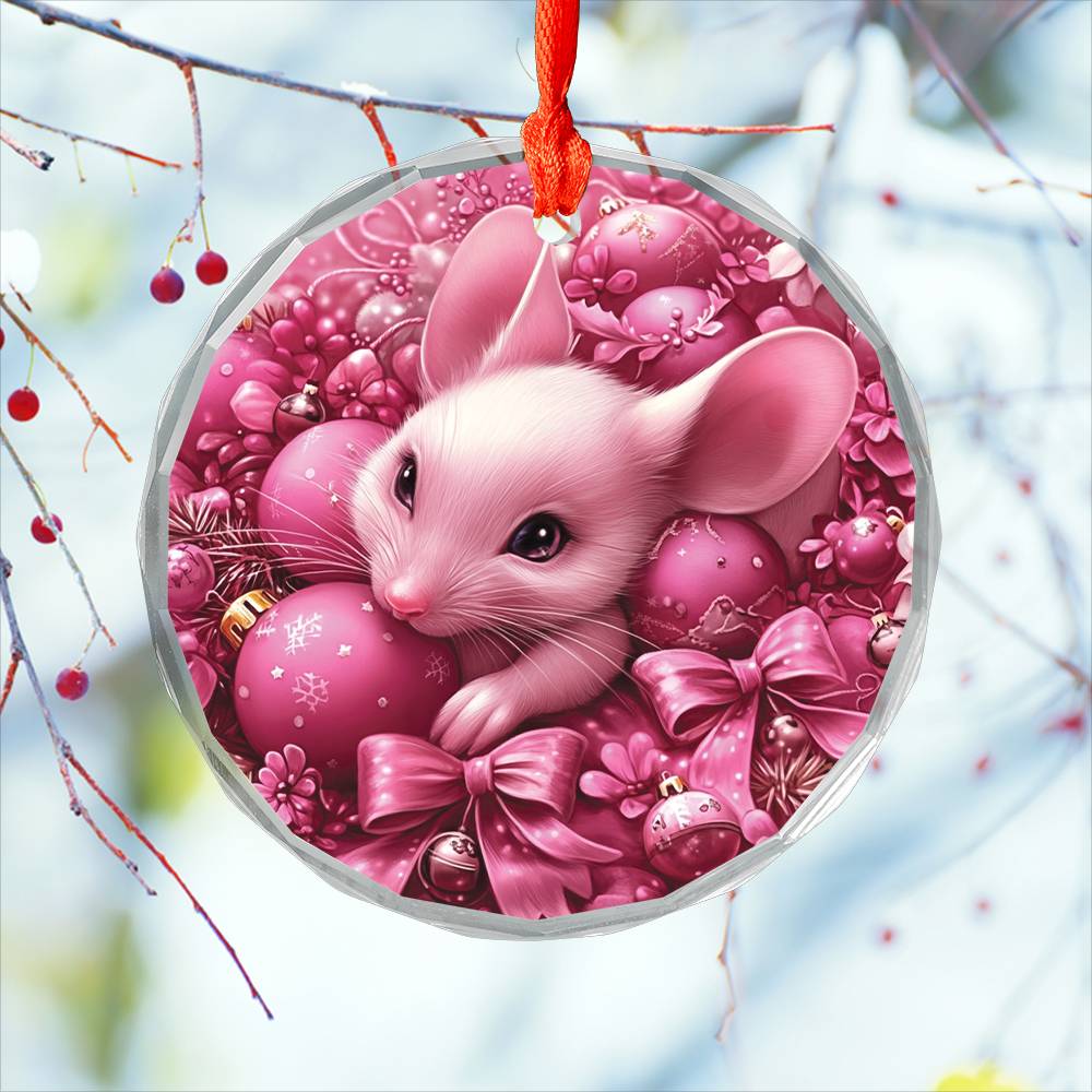 Mice Pink Christmas Design 1 Glass Ornament