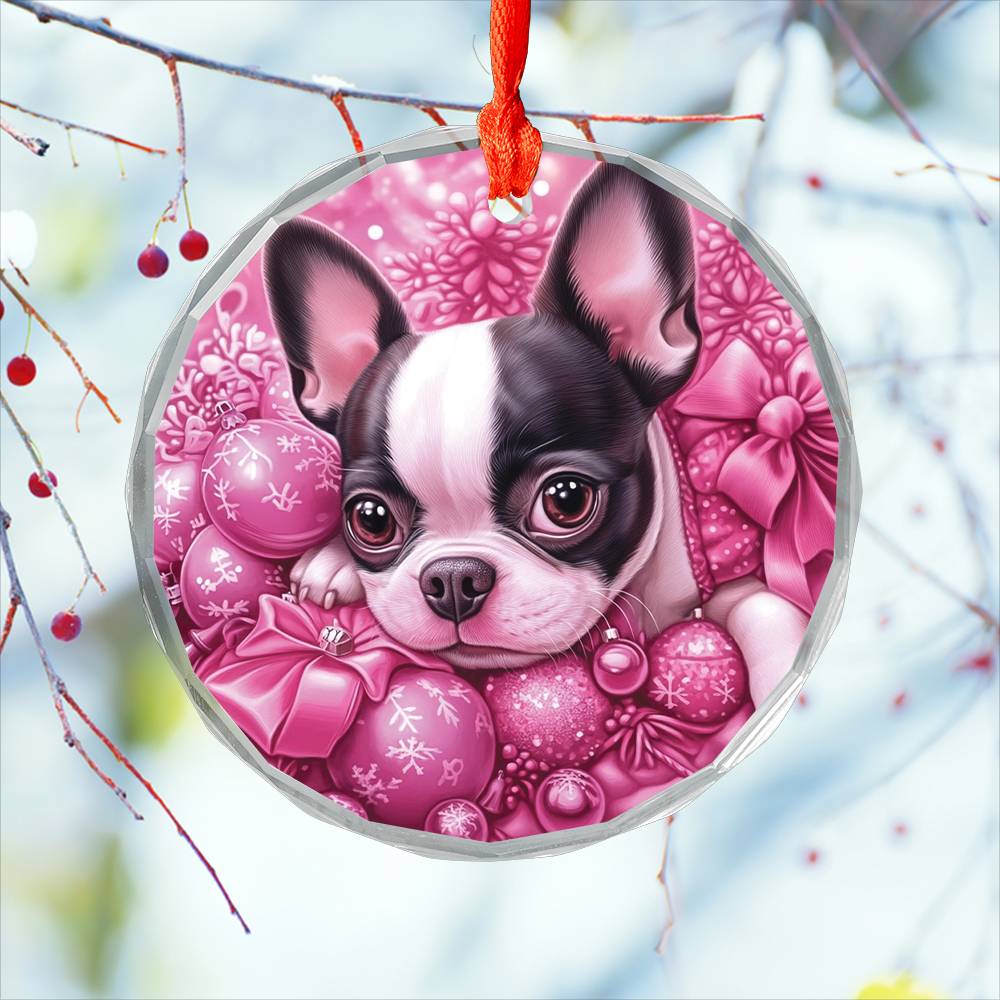 Boston Terrier Dog Pink Christmas Design 3 Glass Ornament