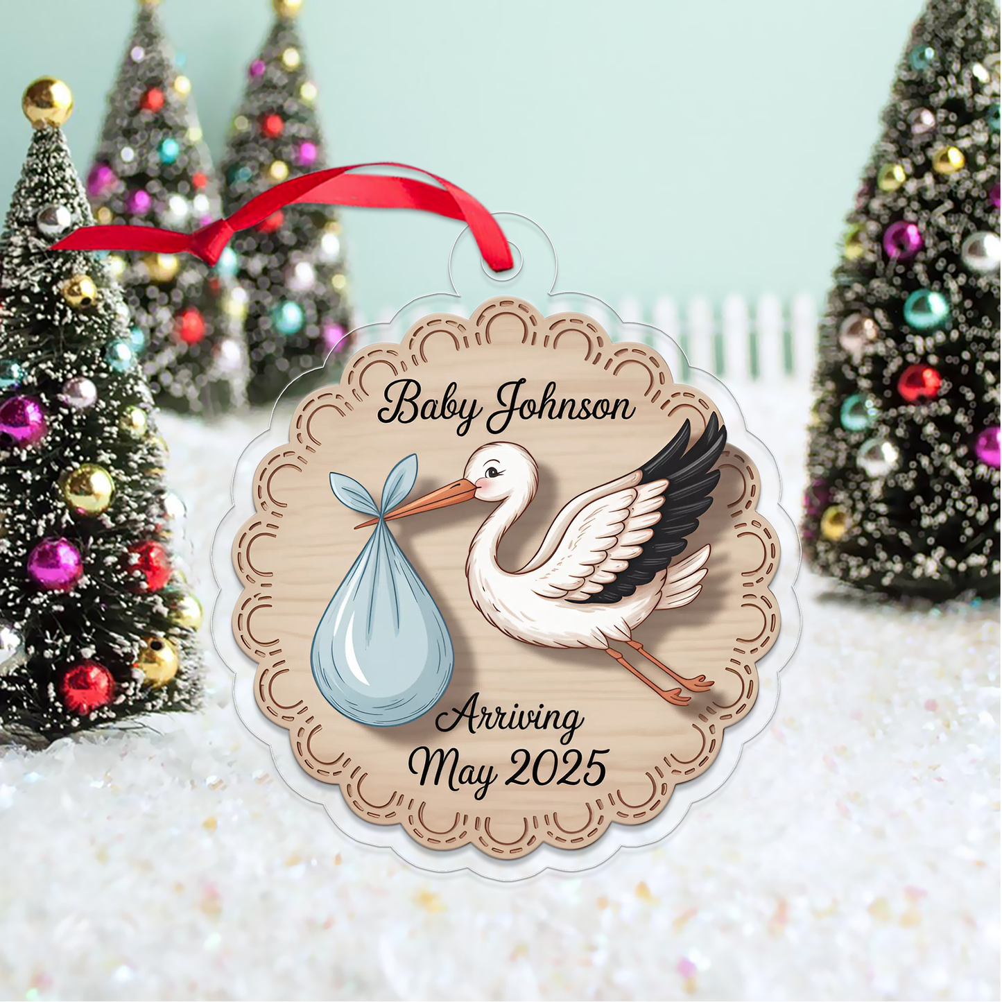 Personalized Stork Baby Announcement Ornament, Christmas Decor, Baby Coming Next Year Ornament, New Baby Arriving 2025