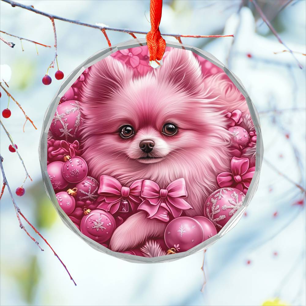 Pomeranian Dog Pink Christmas Design 1 Glass Ornament