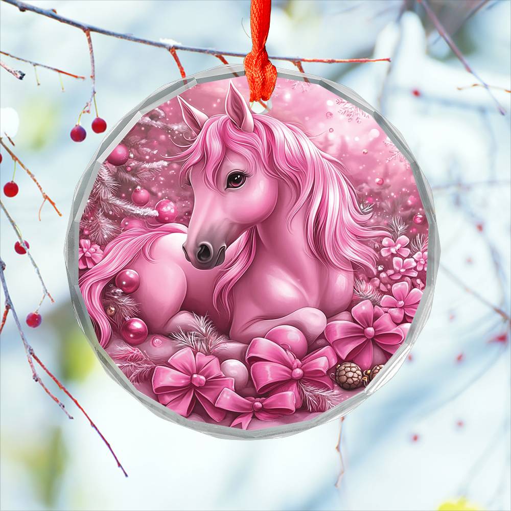 Horse Pink Christmas Design 2 Glass Ornament