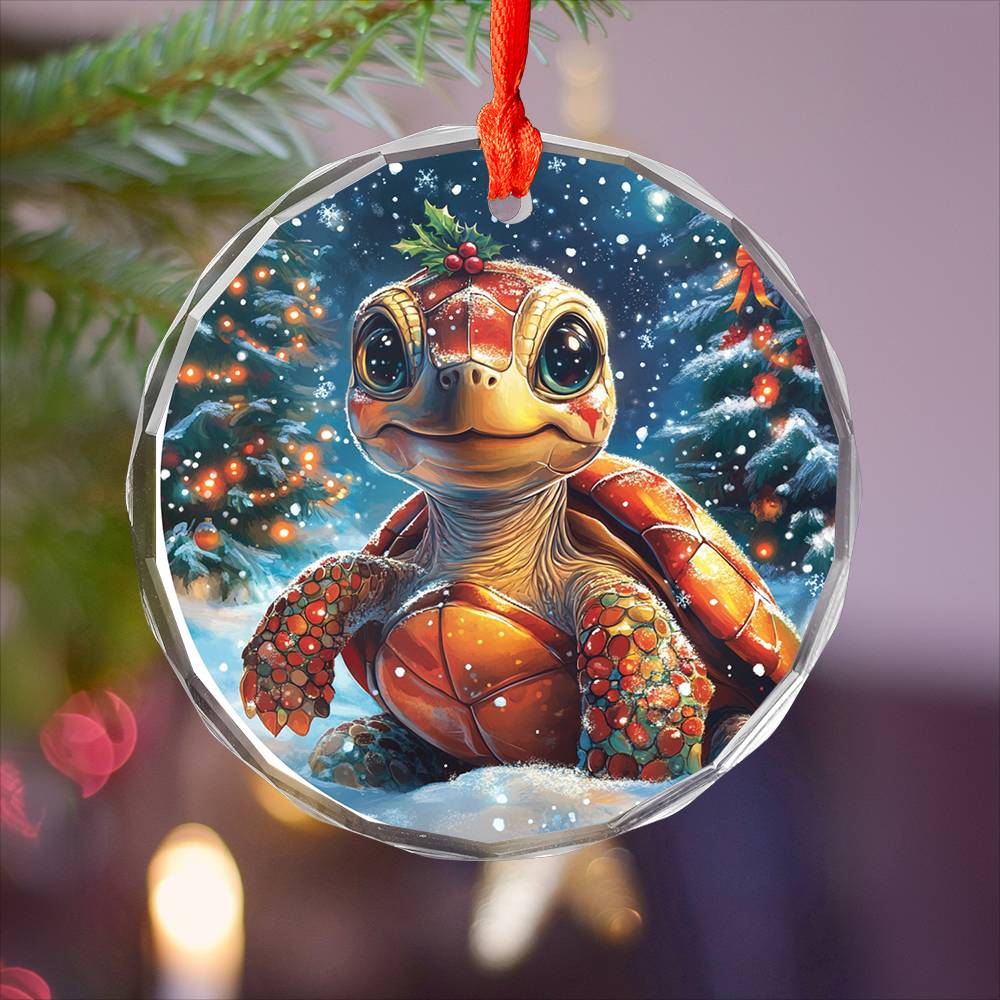 Beautiful Angus Turtle Christmas Night Design 4 Glass Ornament