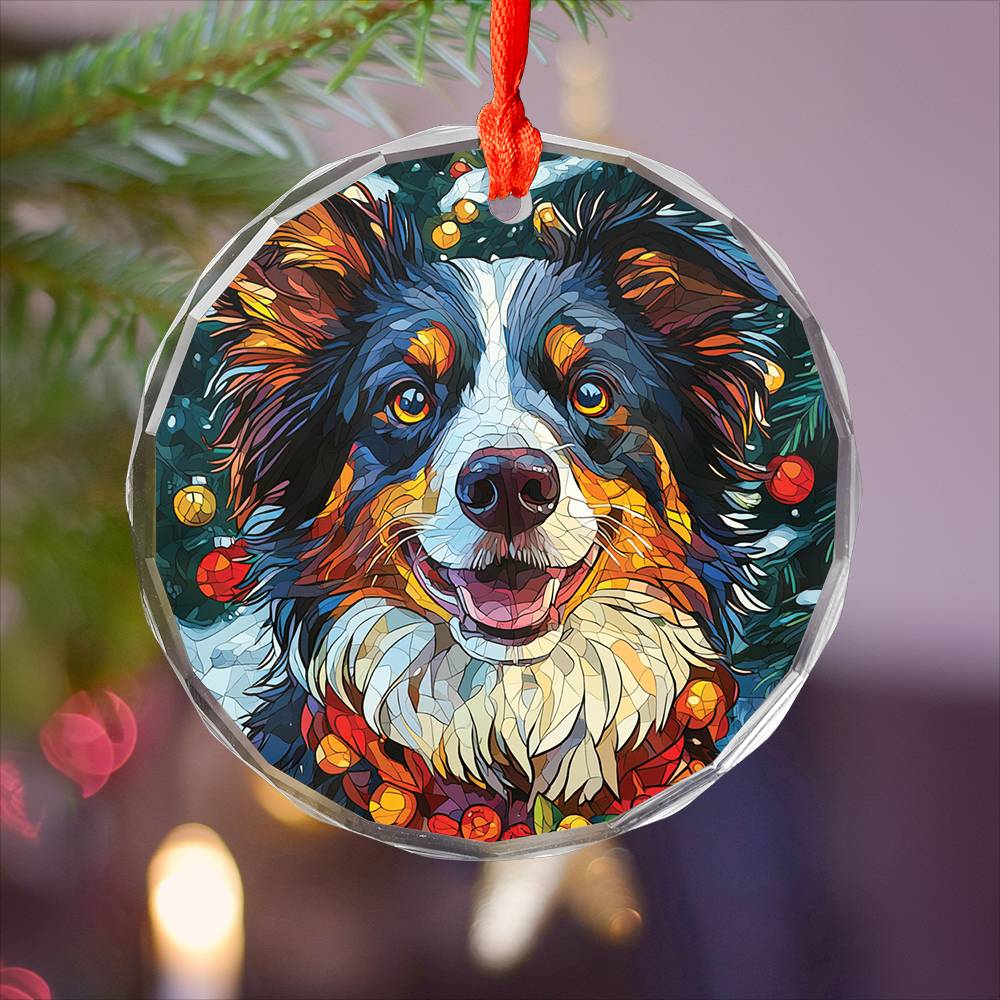 Beautiful Border Collie Dog Christmas Night Design 4 Glass Ornament