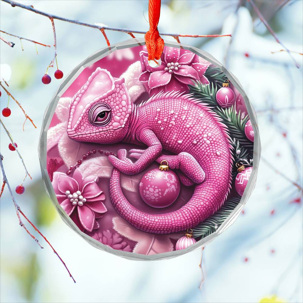 Chameleon Pink Christmas Design 2 Glass Ornament