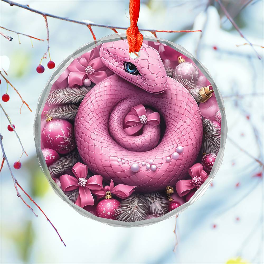 Snake Pink Christmas Design 3 Glass Ornament