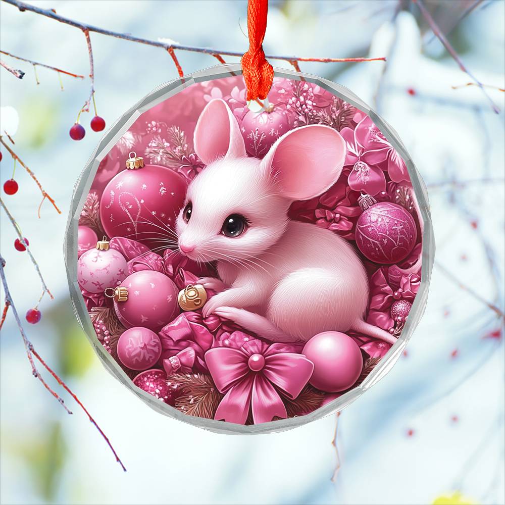 Mice Pink Christmas Design 2 Glass Ornament