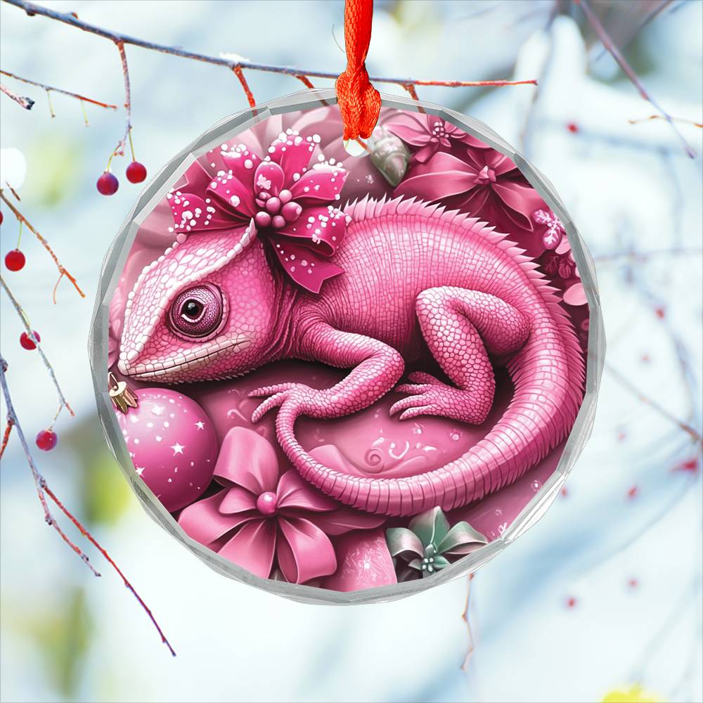 Chameleon Pink Christmas Design 1 Glass Ornament
