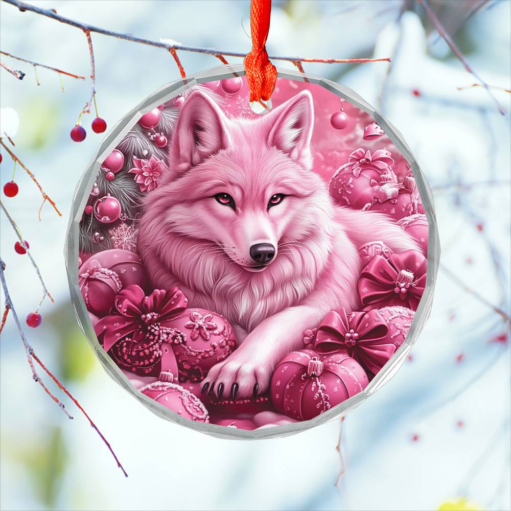 Wolf Pink Christmas Design 3 Glass Ornament