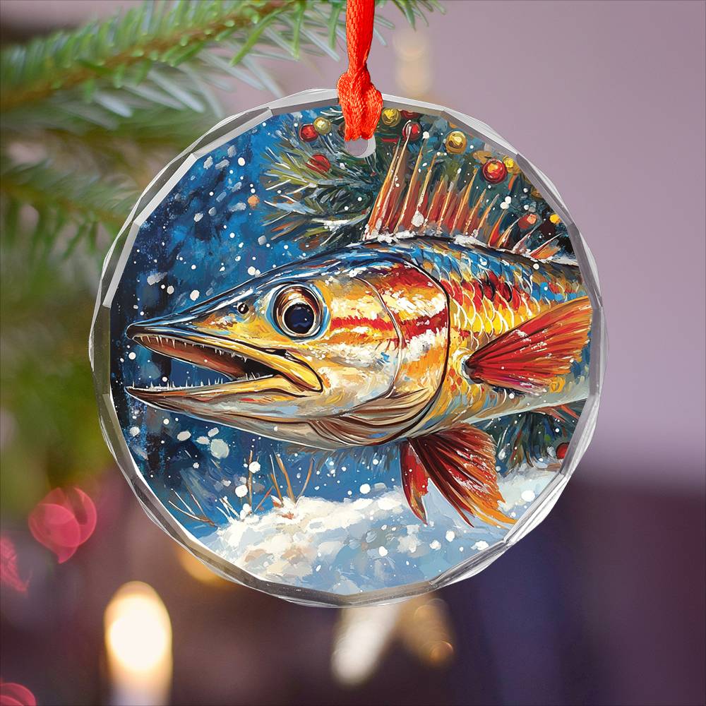 Beautiful Angus Wahoo Fish Christmas Night Design 2 Glass Ornament