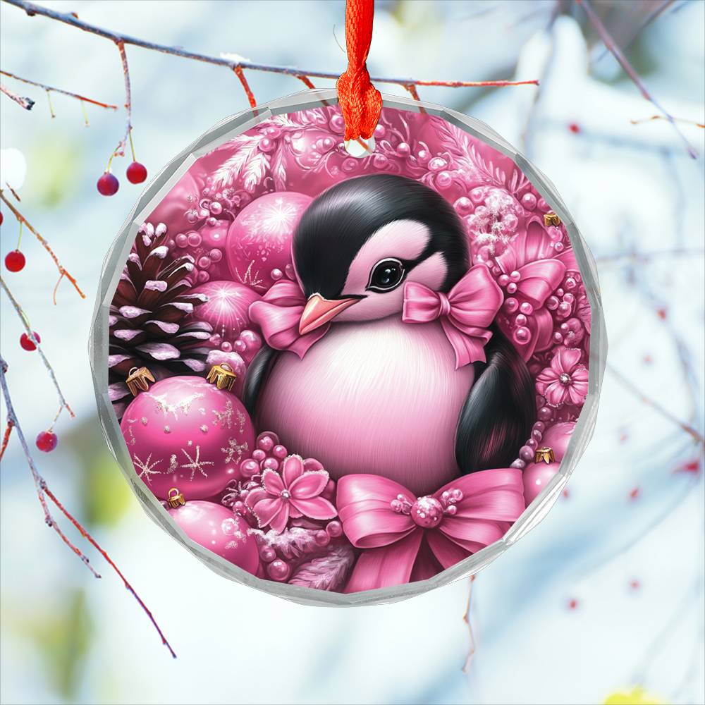 Penguin Pink Christmas Design 2 Glass Ornament