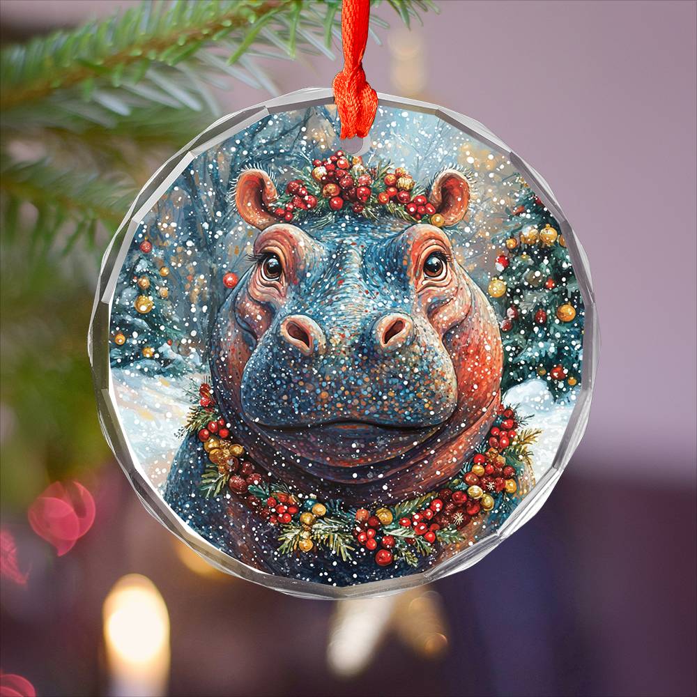 Beautiful Hippo Christmas Night Design 1 Glass Ornament