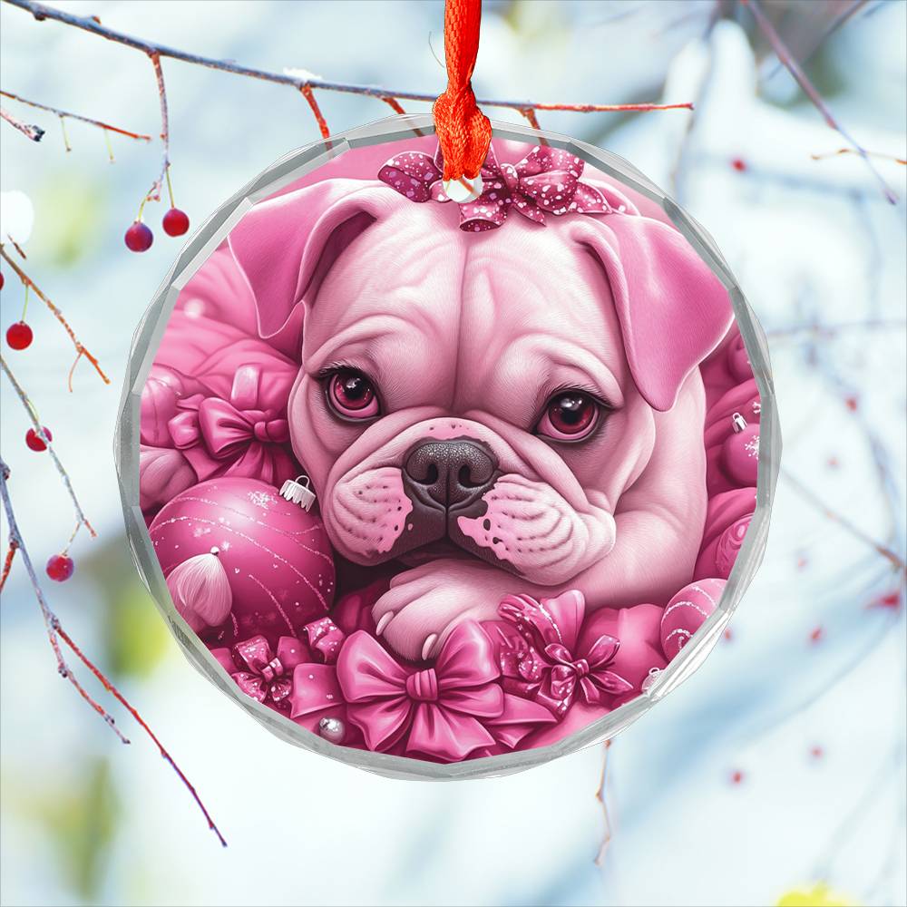Bulldog Pink Christmas Design 3 Glass Ornament