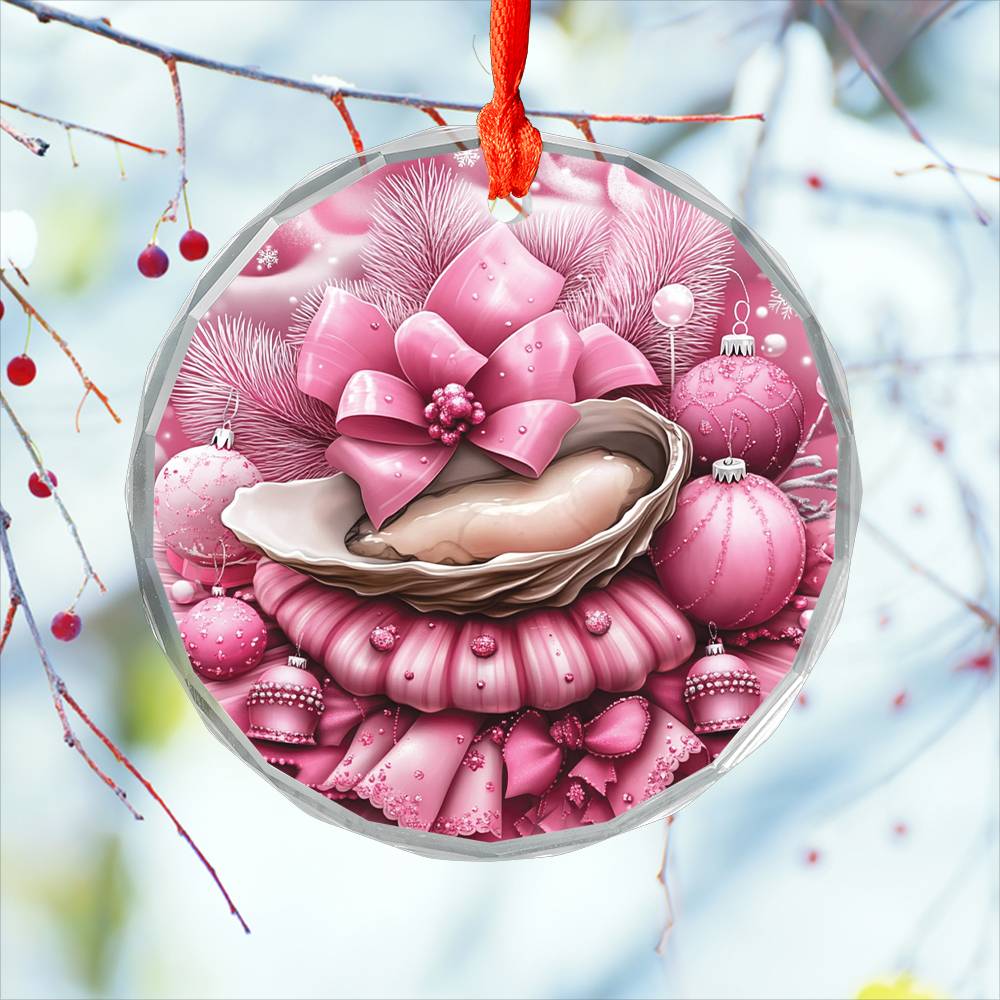 Oysters Pink Christmas Design 2 Glass Ornament