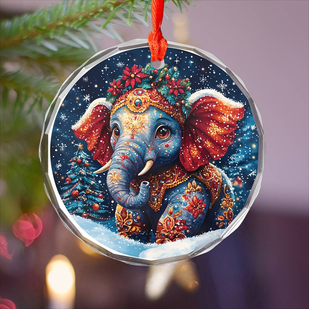 Beautiful Elephant Christmas Night Design 1 Glass Ornament
