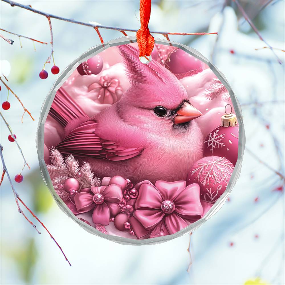 Cardinal Pink Christmas Design 2 Glass Ornament