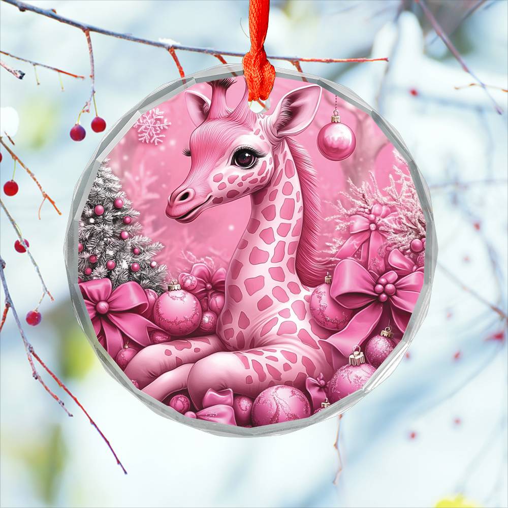 Giraffe Pink Christmas Design 1 Glass Ornament