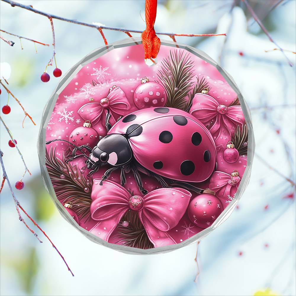 Ladybug Pink Christmas Design 4 Glass Ornament