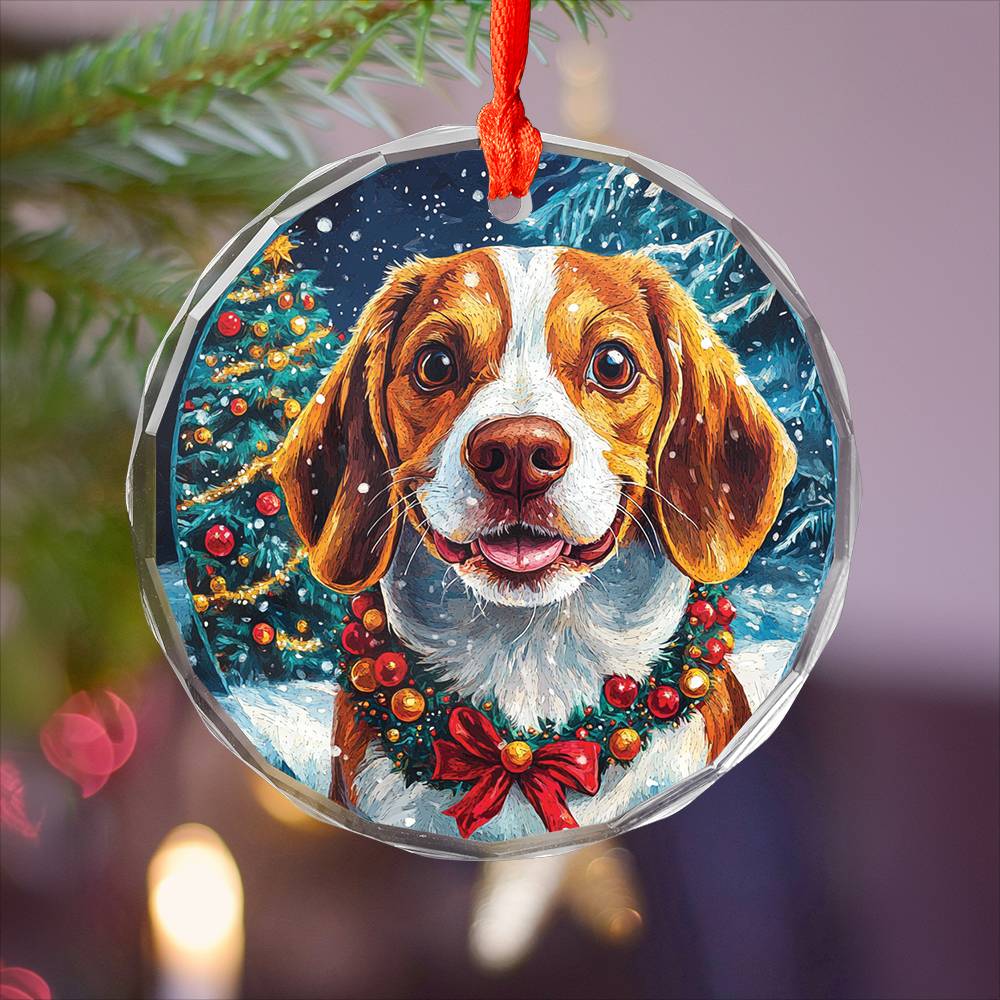 Beautiful Angus Beagle Dog Christmas Night Design 3 Glass Ornament