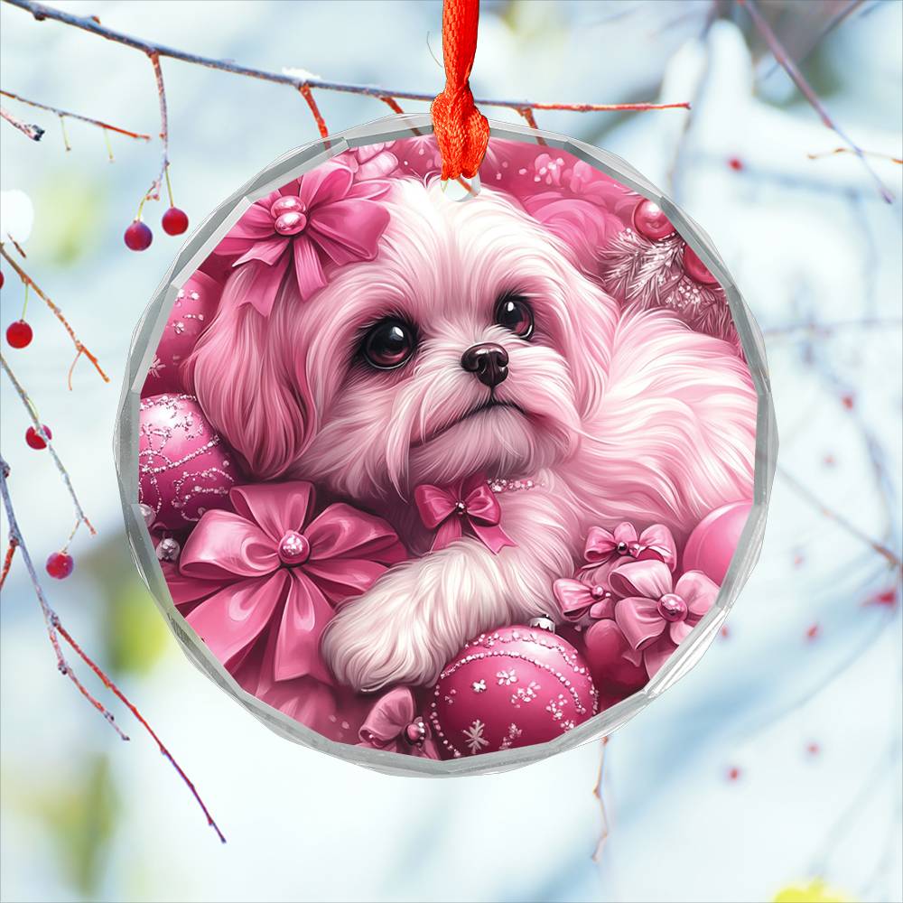 Shih Tzu Dog Pink Christmas Design 1 Glass Ornament