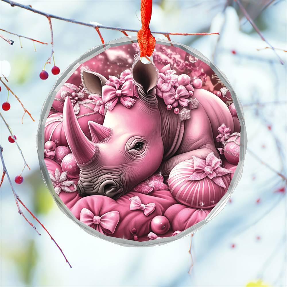 Rhino Pink Christmas Design 3 Glass Ornament