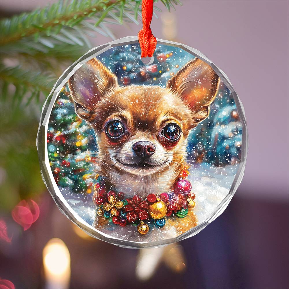Beautiful Chihuahua Dog Christmas Night Design 2 Glass Ornament