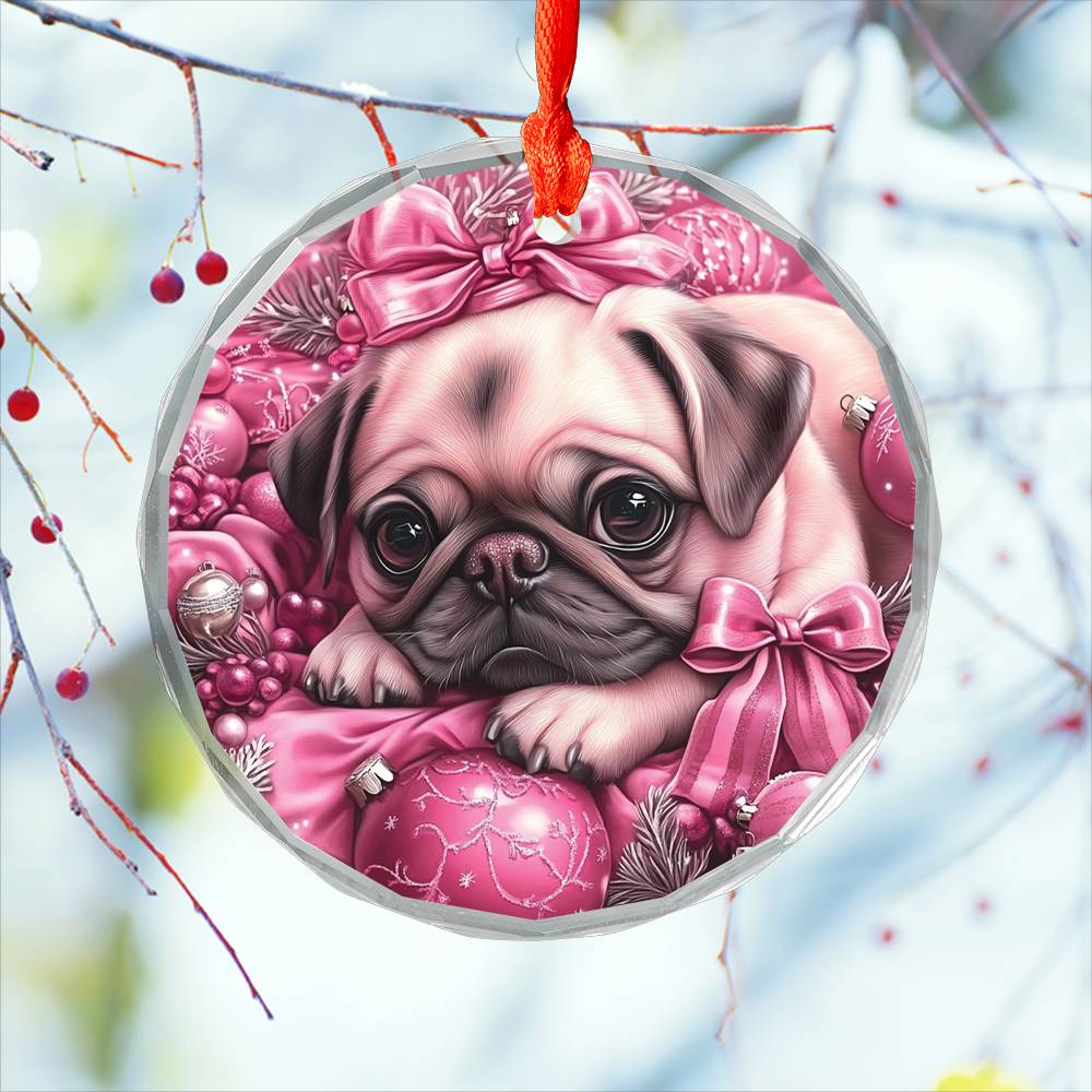 Pug Dog Pink Christmas Design 2 Glass Ornament