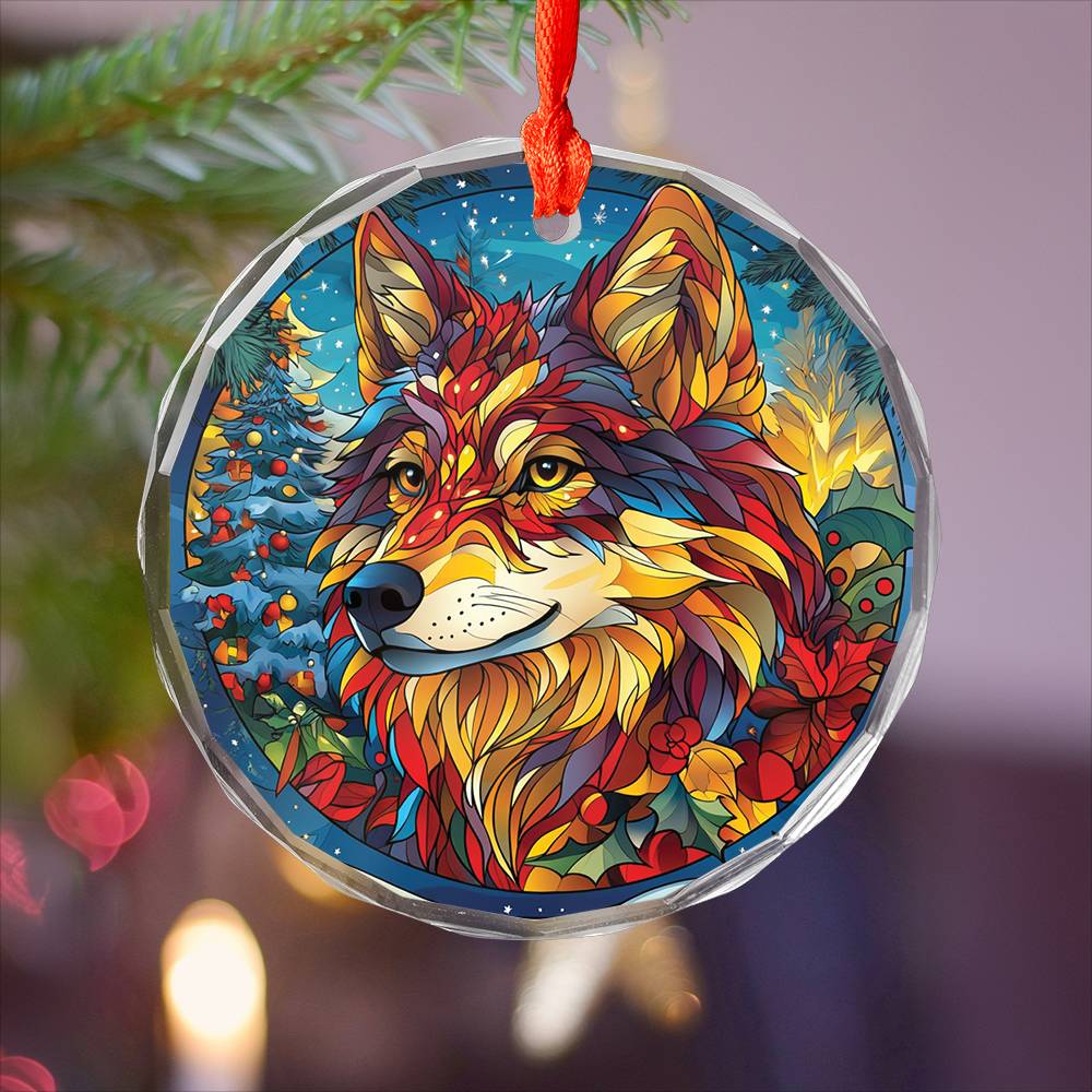 Beautiful Angus Wolf Christmas Night Design 3 Glass Ornament