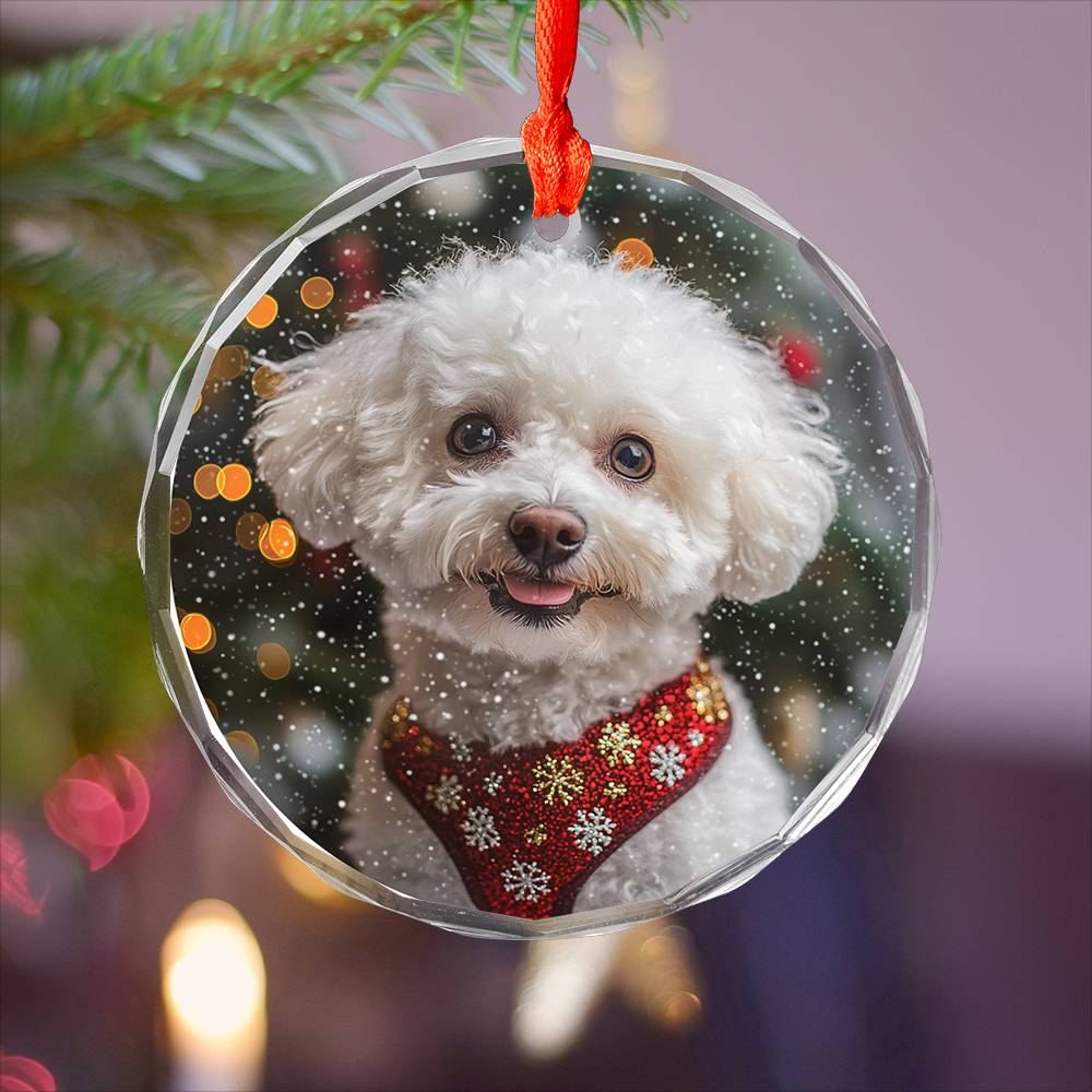 Beautiful Bichon Frise Dog Christmas Night Design 3 Glass Ornament