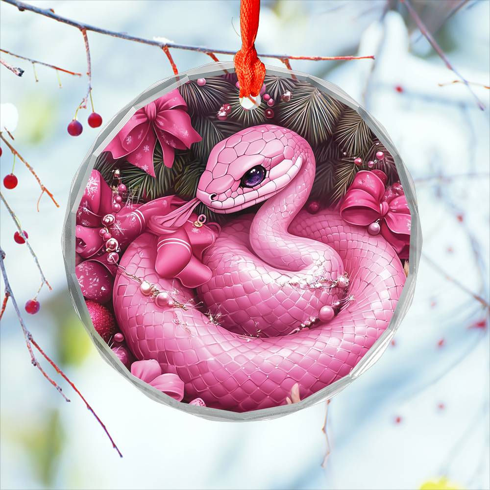 Snake Pink Christmas Design 2 Glass Ornament