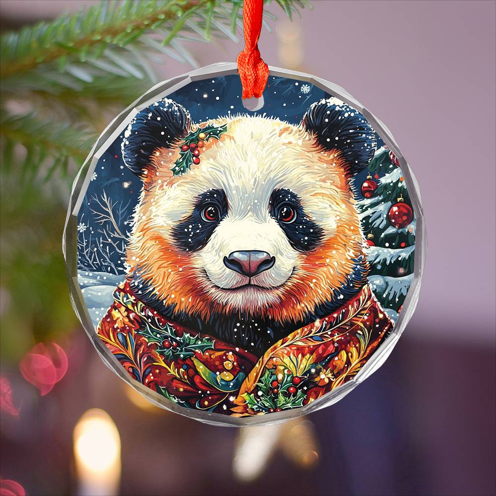 Beautiful Angus Panda Christmas Night Design 1 Glass Ornament