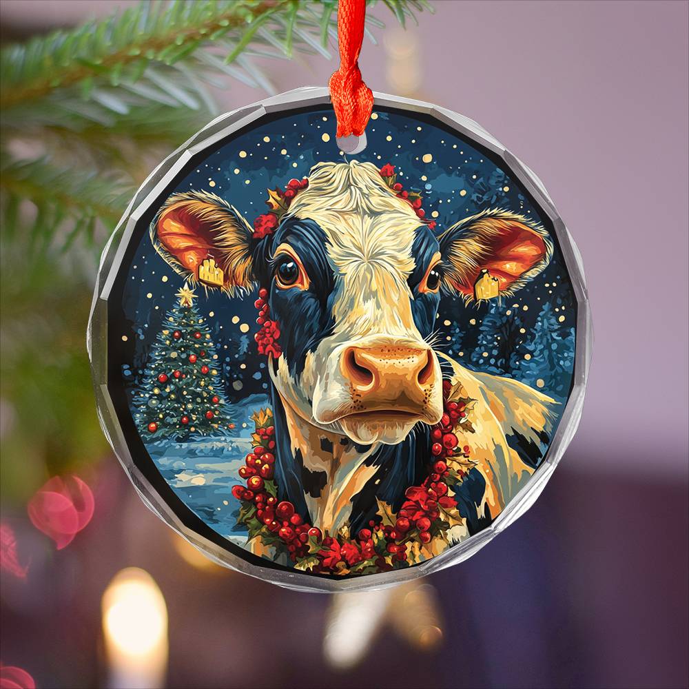Beautiful Dairy Cow Christmas Night Design 2 Glass Ornament