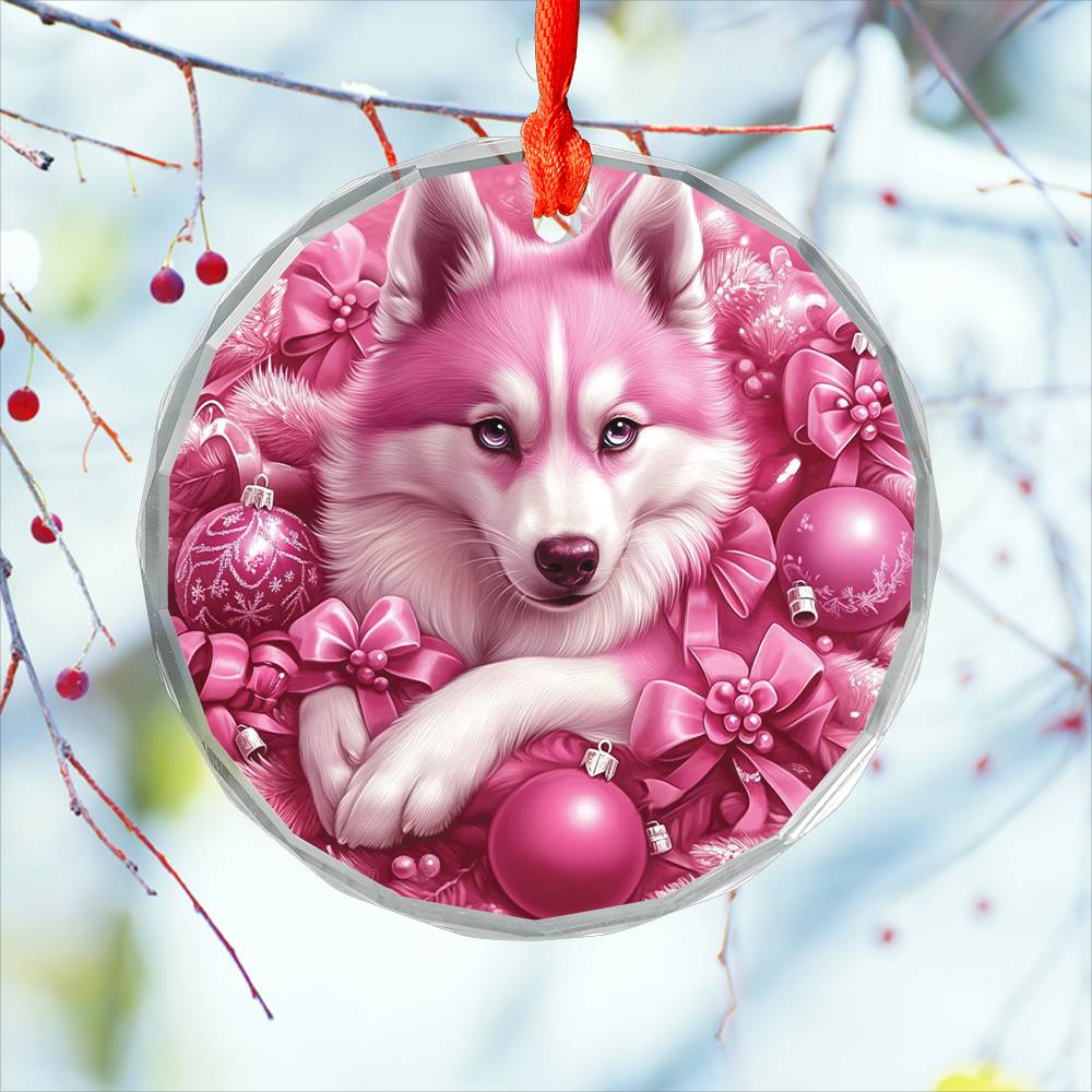 Siberian Huskie Dog Pink Christmas Design 2 Glass Ornament