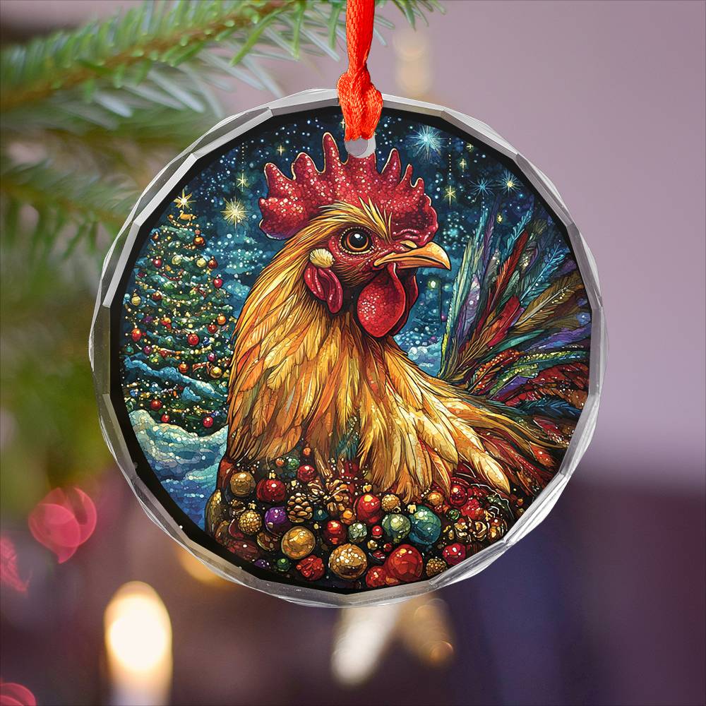 Beautiful Rooster Christmas Night Design 1 Glass Ornament