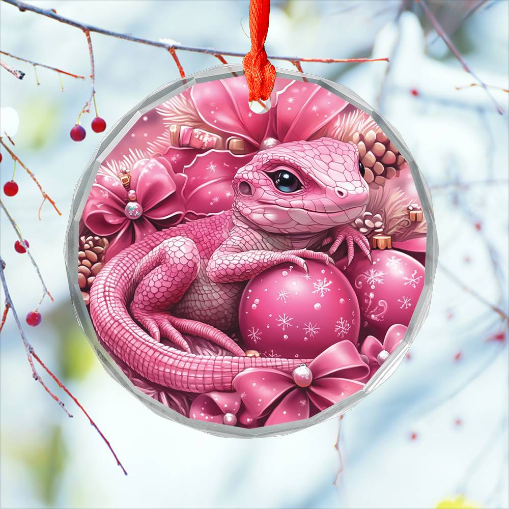 Lizard Pink Christmas Design 2 Glass Ornament