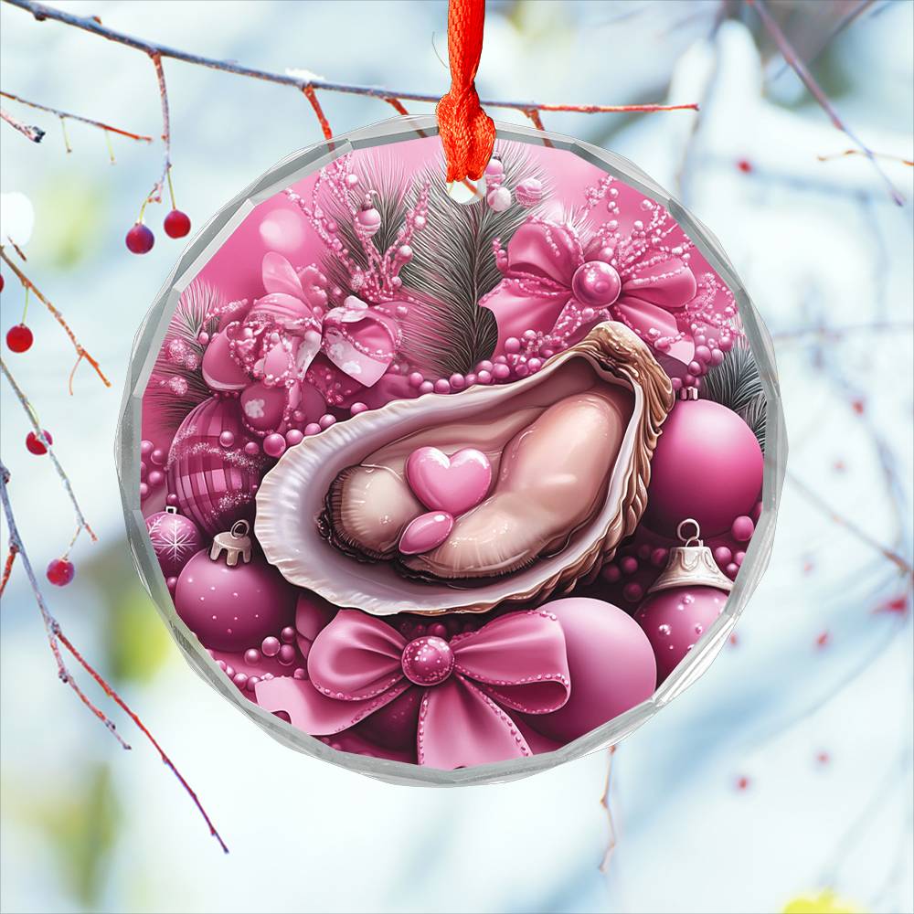Oysters Pink Christmas Design 3 Glass Ornament