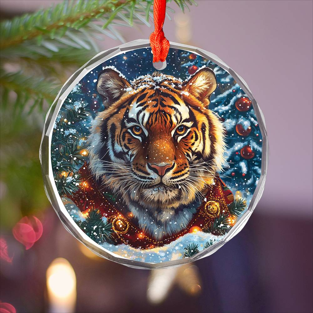 Beautiful Tiger Christmas Night Design 4 Glass Ornament