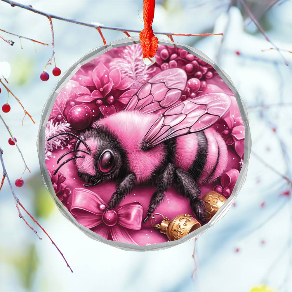 Bee Pink Christmas Design 1 Glass Ornament
